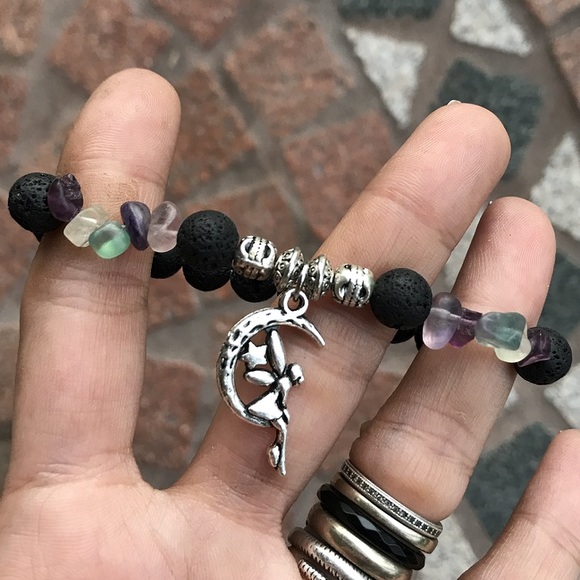 🧚‍♀️Genuine Fluorite & lava rock fairy charm bead bracelet boho - Picture 2 of 9